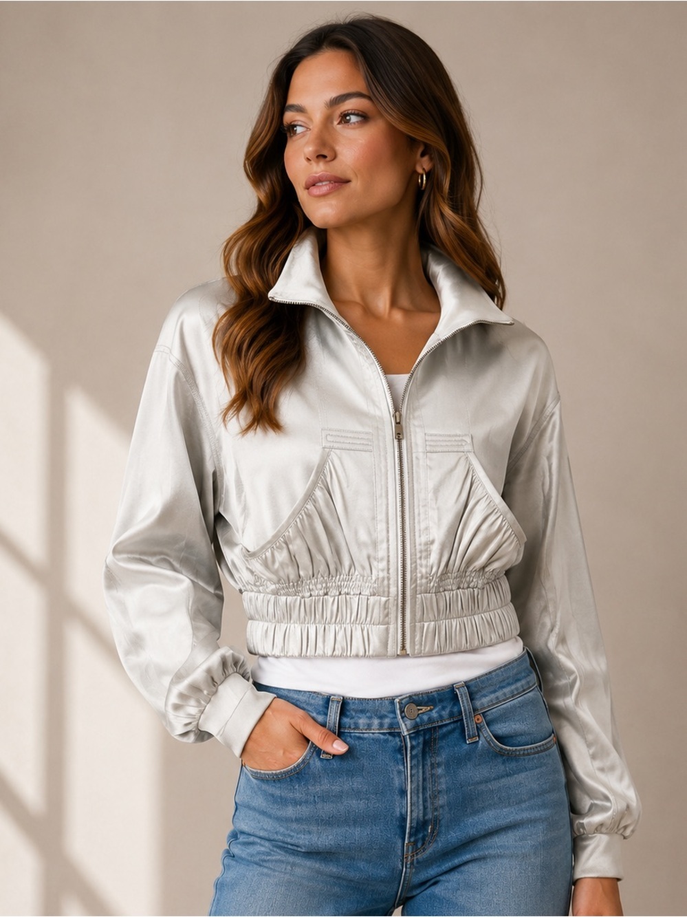 Classic Satin Cropped Jacket - Silver